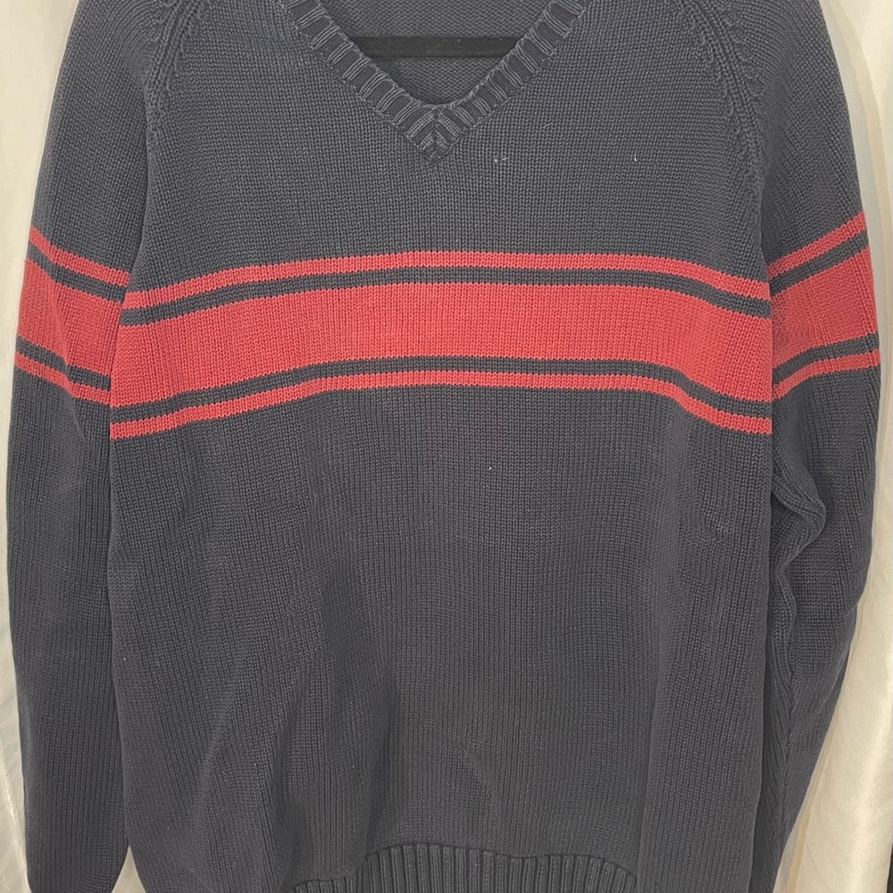 J. Crew Men's V-Neck Sweater in Navy with Red Stripe